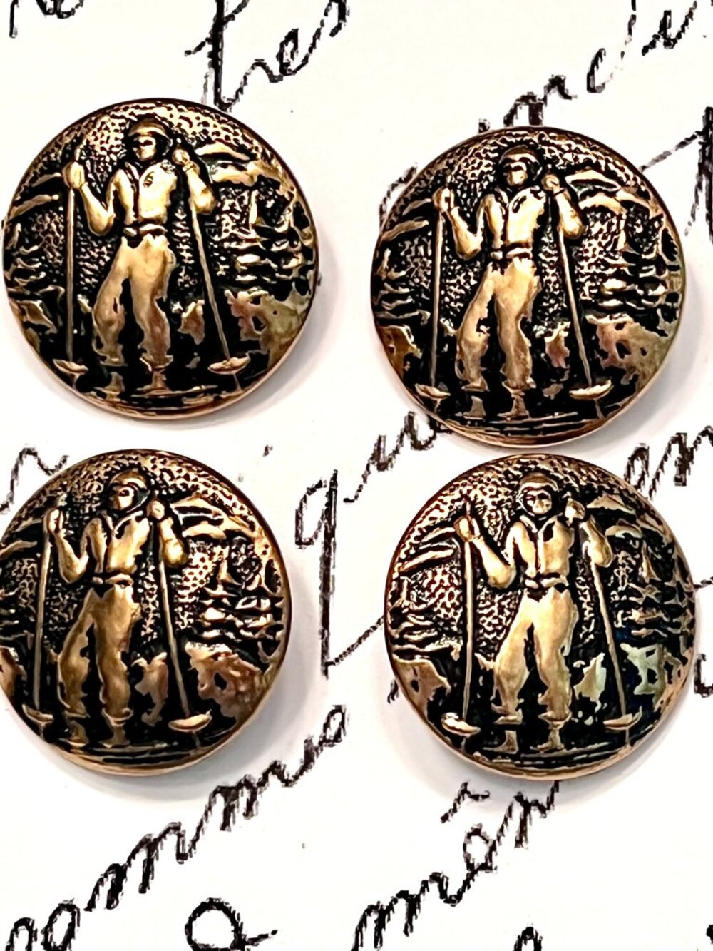 Set of 4 Vintage SNOW SKIER BUTTONS ~ Gold Metal ~ Raised Design Metal Shank